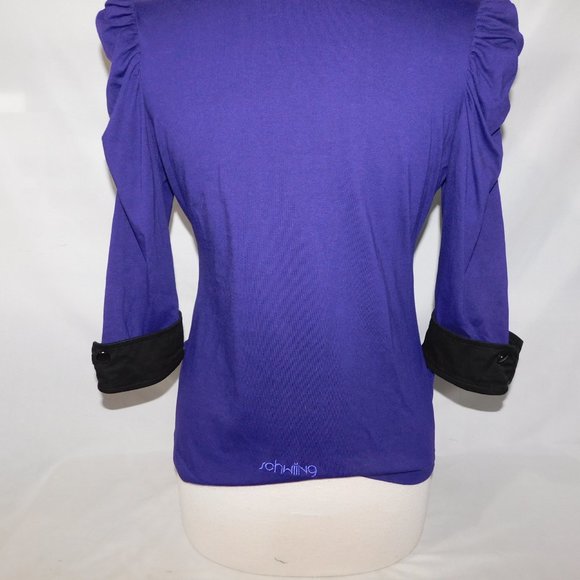 Schwiing Womens M Purple Black 3/4 Sleeve Puff Shoulder Light Blazer Jacket - Picture 11 of 13